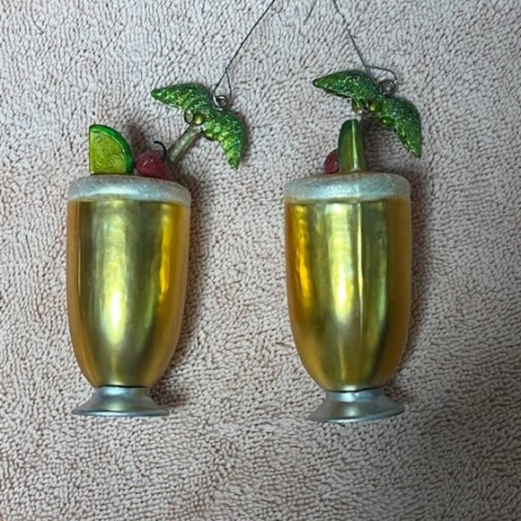 Two Christmas Hand Blown Glass Tropical Cocktail Themed Holiday Ornaments 4" - Picture 2 of 13